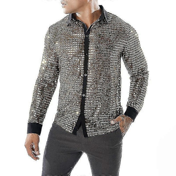 Herre Skinnende Paillet Mesh Top, 60'er 70'er Disco Danse Skjorte