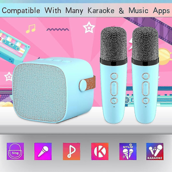 Karaoke Maskine til Børn med 2 Trådløse Mikrofoner, Bærbar Karaoke Maskine med Bluetooth til Børn og Voksne, Stemmeændrende Effekter & LED Lys