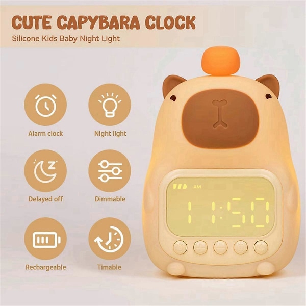 Nattbord LED Snooze-klokke med Capybara-tema, Oppladbar Nattlampe, Berøringskontroll - den perfekte gaven for S