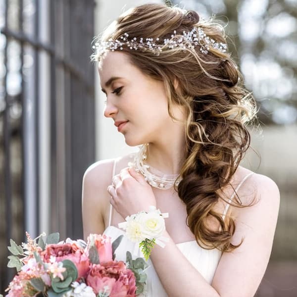 Rose Håndleddsblomst Armbånd, Liten Frisk Blomst til Bryllup (Hvit)