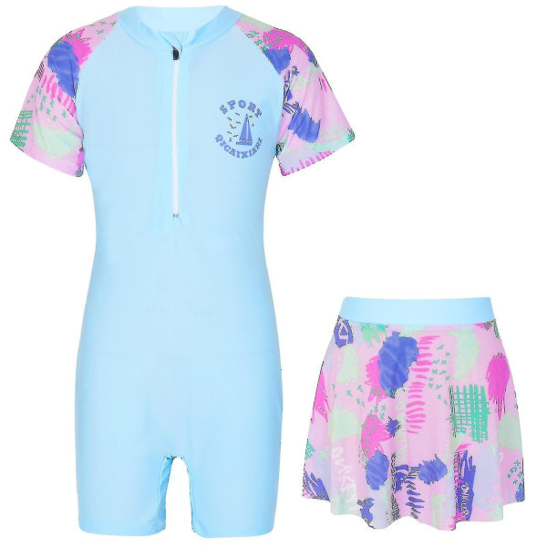 Barn Flickor Badkläder Strandkläder Set Front Ipper Tecknad Graffiti Print Patchwork Jumpsuit med kjol Utslag Guard Baddräkt Light Blue XXL