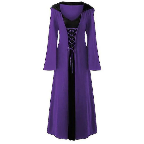 Kvinnor Halloween Renaissance Gothic Hooded Cloak Robe Klänning Purple Black L