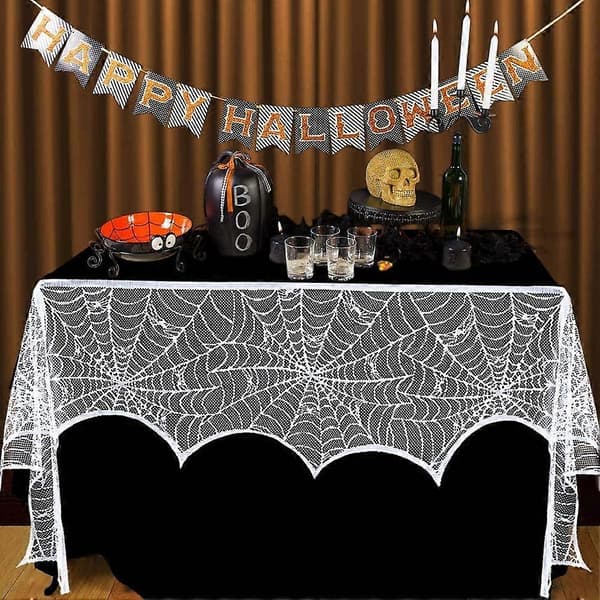 Halloween Eldstadskappa, Vit Spets Spindelväv Eldstadsskydd för Halloween Hemfestdekorationer