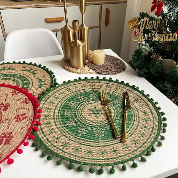 Jul Köksunderlägg Snowflake Älg Vävd Bordsmatta Printed Pom Pot Isoleringsmatta Retro Servett Bomull Linne Dekorativ matta 5 38cm