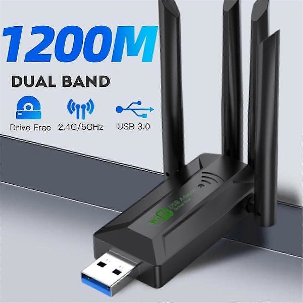 1200Mbps Dual Band USB Wifi Adapter 2.4GHz 5GHz WiFi med 4 Antenner PC Mini Dator 600Mbps Nätverk