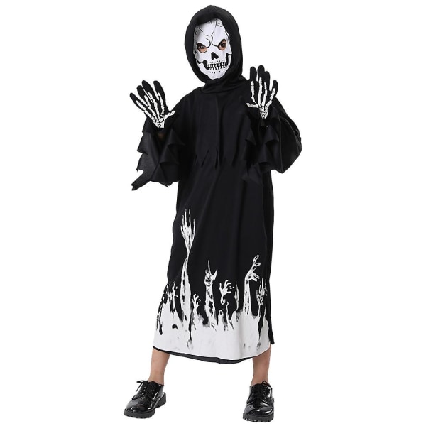 Kids Glow Skull Costume Kids Grim Reaper Halloween Party Cosplay Robe Kostym med liehandskar 130-140