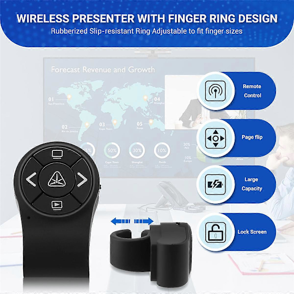 Trådlös Presentatör RF 2.4G Fingerring Fjärrkontroll PowerPoint PPT Slides Clicker Pen Uppladdningsbar