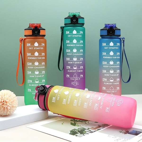 1 liters plastvattenflaska med sugrör och tidsmarkör Green Violet