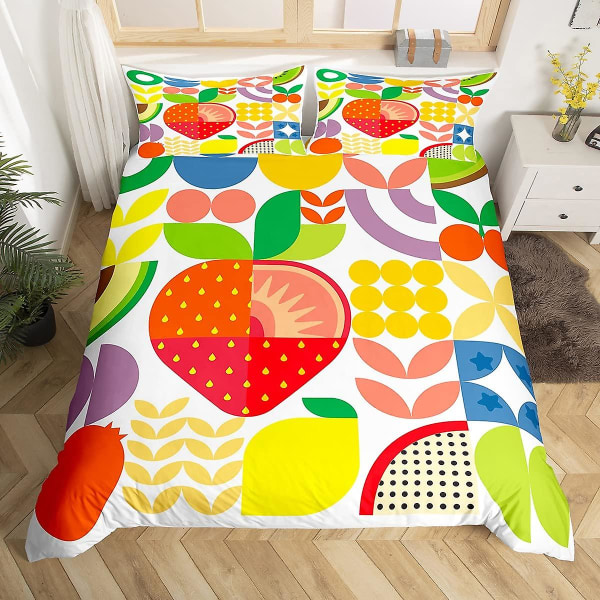 Gul Lemon King Queen Cover Tecknad Frukt Akvarell Sängkläder Set Färgglada körsbärsblad Geometri Polyester cover