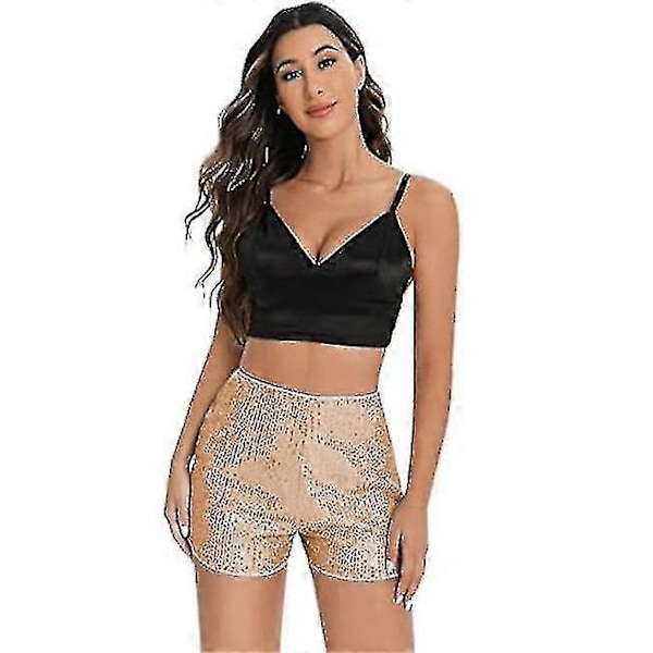 Paljettshorts för damer, hög elastisk midja, raka ben, enfärgade glittershorts för fest