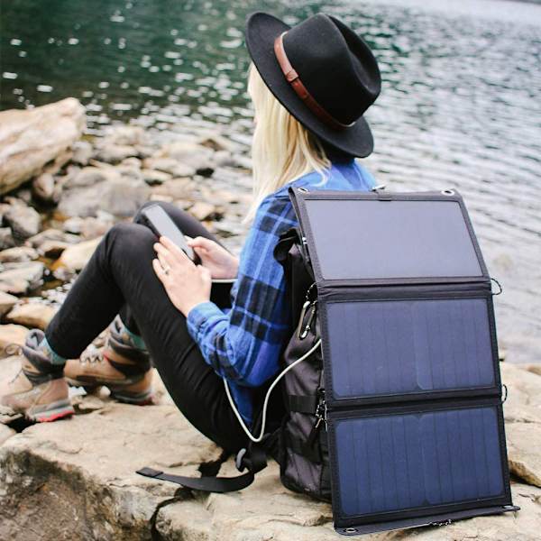 Bærbar solpaneloplader med 3 USB-porte til powerbanks til camping
