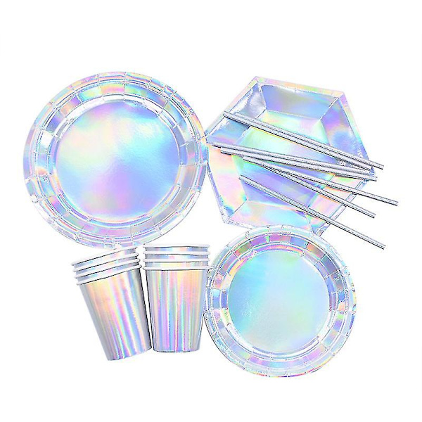 Laser engångsservis set Silver Festpappersmuggar Papperstallrikar Halmfest 25pcs paper straw