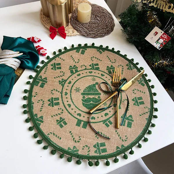 Jul Köksunderlägg Snowflake Älg Vävd Bordsmatta Printed Pom Pot Isoleringsmatta Retro Servett Bomull Linne Dekorativ matta 6 38cm