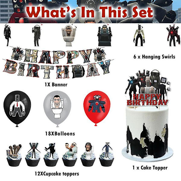 Skibidi Toalett Barn Födelsedagsfest Ornament Banner Tecknad Banderoller Tårta Topper Latexballonger Pojkar Flickor Fest Dekoration Present Mixed balloons 18pcs