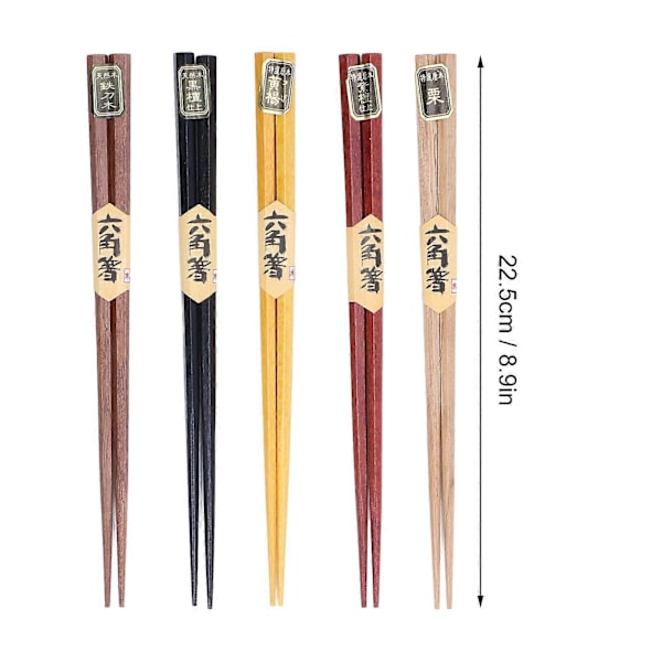 Chopsticks Set 5 Olika Färger Naturträ Halkfri Design Bekväma Ätpinnar Återanvändbara Hex Ätpinnar