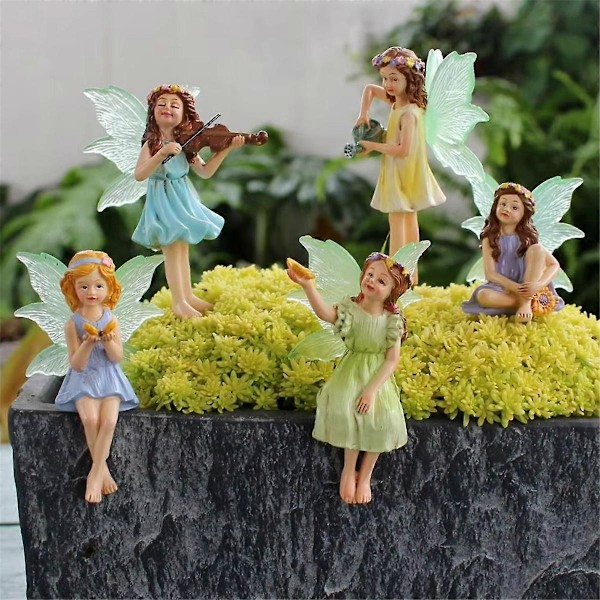 5 st Mini Fälstatyetter Harts Blomsterféer Ornament Blomkruka Insats Liten Fé med Ljus i Mörkret