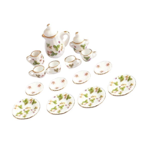 15 Dele 1/12 Dukkehus Miniature Grøn Blomst Spisestel Porcelæn Te Sæt