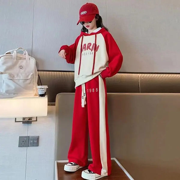 Flickor 2023 Ny Höst Vår Mode Långärmad Luvtröja+Byxor 2st Kostymer 5-14 år Teeange Casual Outifts Barnkläder Set Red 5-6T 120