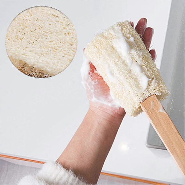 Luonnollinen kuoriva luffa-kylpyharjatikku, puukahvainen luffa-putkimainen sieniselkäharja, miehille ja naisille, kylpysieni vartalon selänpesin