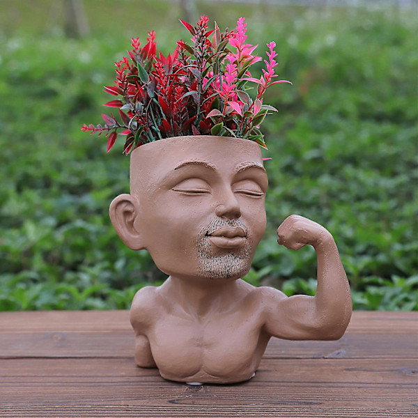 100% Nye Ansiktsblomsterpotter Hodeplanter, Resin Ansiktsplantere for Beefcake Guy Modell med Dreneringshull
