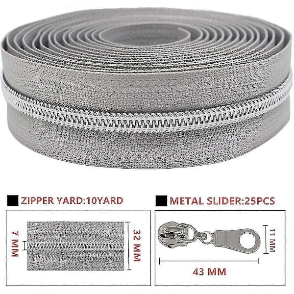 Silver Metallic Nylon Dragkedjor På Metervara Bulk Dragkedjerulle 10 Meter Med 25st Dragskor För DIY Sömnad Hantverksväskor (grå)-jie