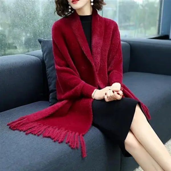 2023 Svart Plus Size Ytterkläder Vinterstickad Poncho Kvinnor Solid Design Kappa Kvinna Långa Batwing ärmar Kappa Vintage Sjal Q366 red One Size