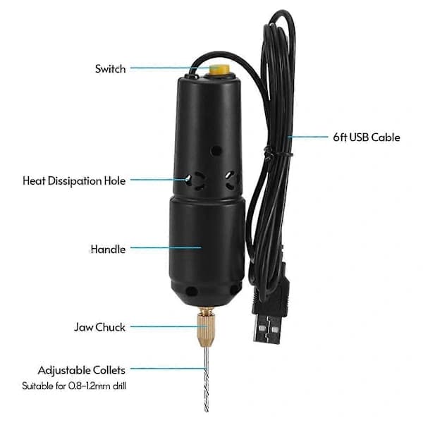 Miniature borebits til smykkefremstilling, USB elektrisk borebitsæt, inkluderer 10 borebits fra 0,8 til 1,2 mm.