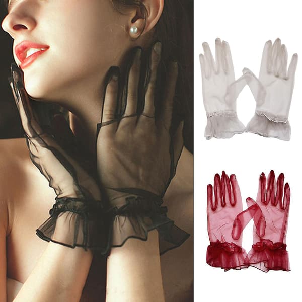 Utsökt handledslängd tyllhandskar Fullfingerhandskar Korta handskar för bröllop Wine Red
