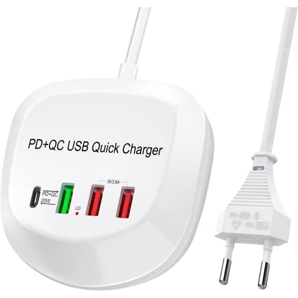USB-C hurtigoplader. USB PD QC 3.0 oplader. 4-ports multi-USB strømadapter til iPhone og iPad.