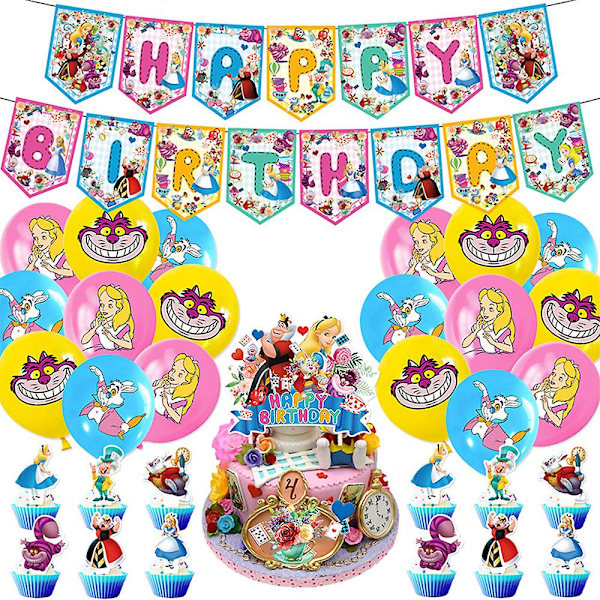 Alices Adventure In Wonderland Tema Festtillbehör Kit Banner Ballonger Tårta/cupcake Toppers Set