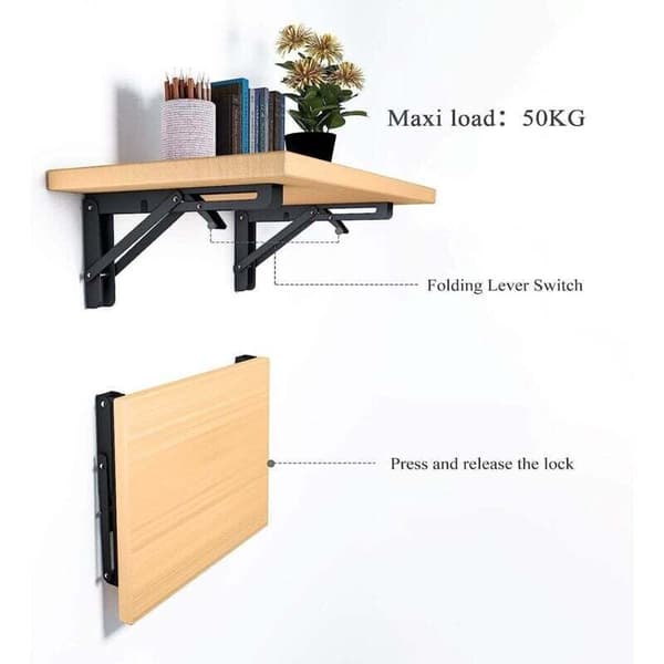 2 stk. 400 mm foldbare hjørnebeslag, 80 kg bæreevne, sorte, foldbare, velegnede til vægmonterede hylder.