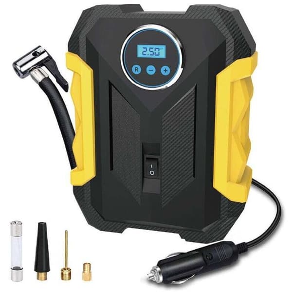 Bildäckspump. 12V Bärbar Luftkompressor. 150PSI Luftkompressor med Däcktrycksmätare och LED-ljus. Gul