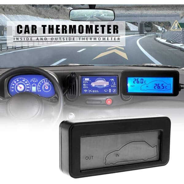 12V digitalt biltermometer. Innendørs og utendørs bruk. Mini bakgrunnsbelyst LCD-termometer.