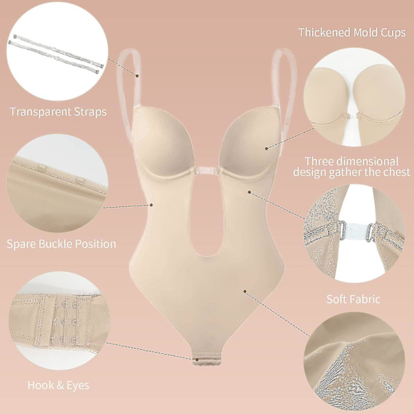 Tflycq Kvinnor kastar djup V-ringad Body Shaper Axelbandslös rygglös Body Shapewear Beige L