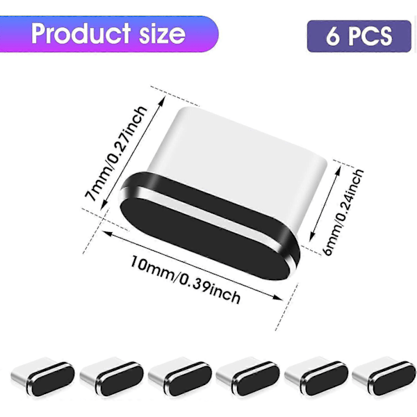 USB C Pölysuojatulppasarja, 6 kpl Type C Porttipistokkeet Pölysuojukset Latausportin suojus USB C Portin suojukset Type C Metallinen pölysuoja