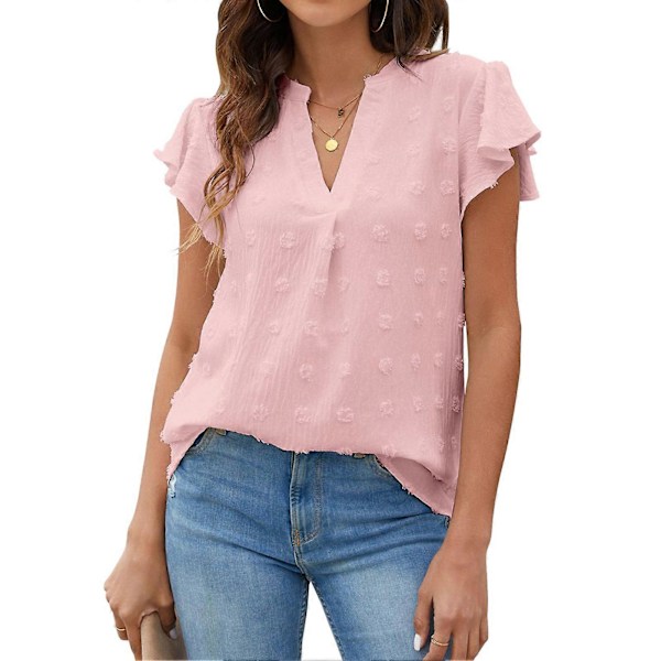 Dam Blus V-ringning Volangärm Lös Andningsbar Prickig Polyester Dam T-shirt för Vår Sommar Höst Rosa XL
