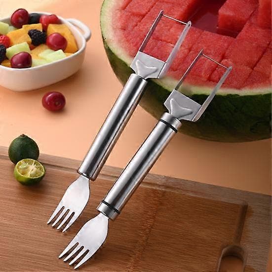 Vannmelonkutter Melonverktøy Rustfritt Stål 2-I-1 Design Fruktkutter med Vindmølleskive Bærbar Terningkutter Gaffel for B