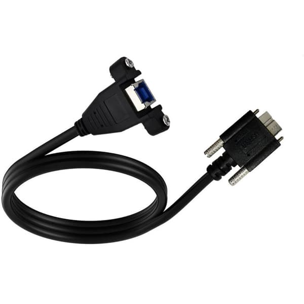 USB 3.0 -datakaapeli 5 Gbps nopeudella ja kiinnitysruuvilla. USB B naaras - micro B uros -adapterikaapeli.