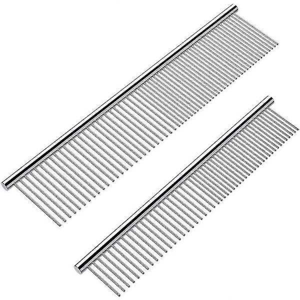 2-pack hundkammar med rundade ändar i rostfritt stål, kattkam för att ta bort tovor och knutar, professionellt groomingverktyg för långt och kort hår