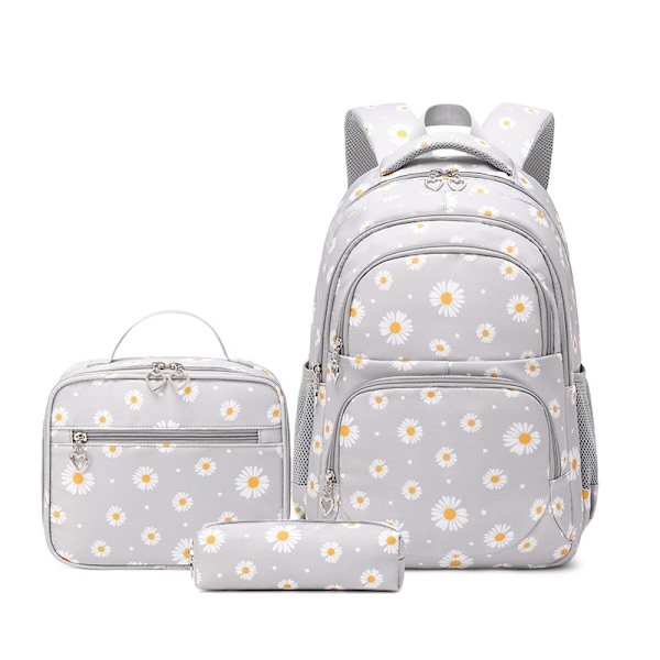 Daisy Prints Skolryggsäck Set med Lunchpaket Bokväska för tonårsflickor 3st Skolväska för Primär Student Bokväska Gray