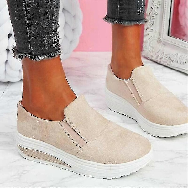 Tykk Platform Hælede Sko til Kvinder Pu Ruskind Loafers Casual Stødabsorberende Slip On Sko Til Daglig Solid-jie