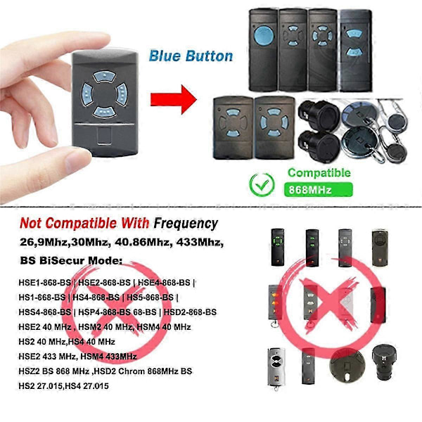 HSM4 868MHz Garageports-/Grindfjärrkontroll HSE2 HSE4 HSM2 HS1 HS2 HS4 HSZ1 HSZ2 HSP4 868 Garage
