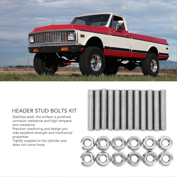 12 stk. Cylinderhovedbolt-sæt i rustfrit stål Udstødningsmanifold Bolte Udskiftning til Chevy V8 LSX LS1 LS2 LS3 LS6 LS7
