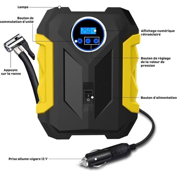 Bildäckspump. 12V Bärbar Luftkompressor. 150PSI Luftkompressor med Däcktrycksmätare och LED-ljus. Gul