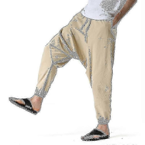 Hippie Haremsbukser for menn, Baggy Linen Boho Yoga Casual Drop Crotch Bukser A-lian