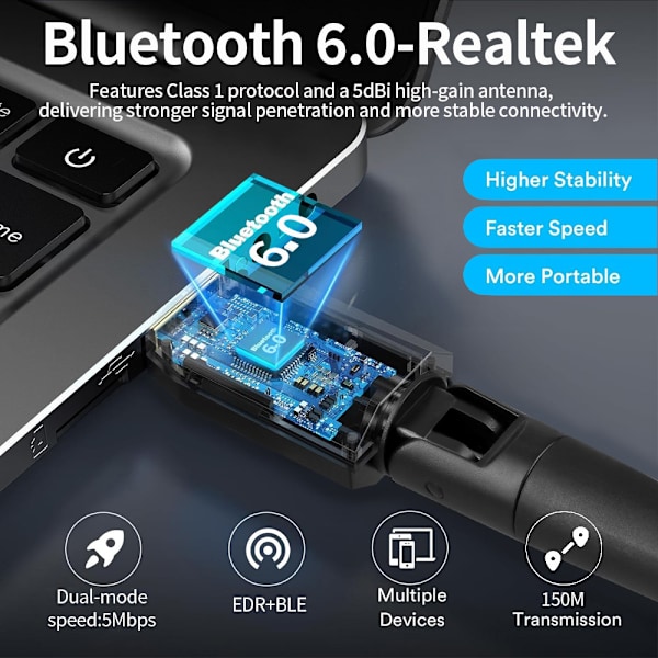 Bluetooth 6.0 Driverløs Bluetooth-adapter for stasjonære datamaskiner, USB-mottaker og -sender, BLE/EDR dobbel modus