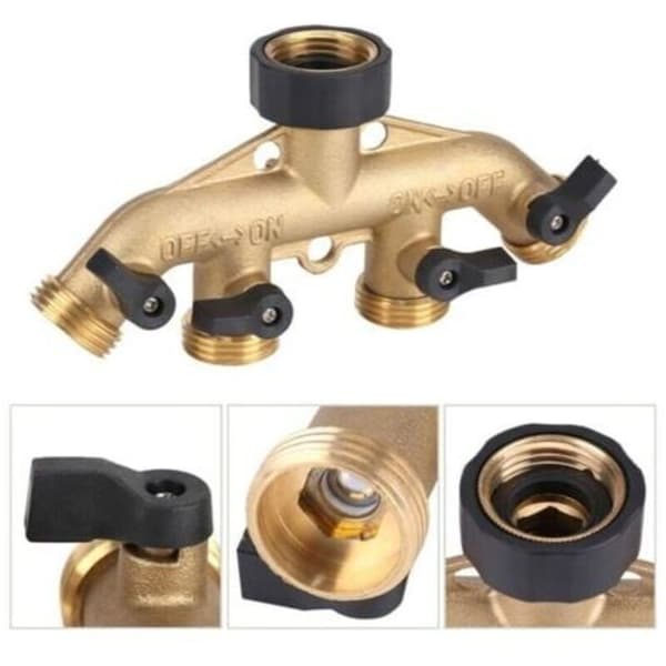 Solid messing 4-veis slangesplitter med stengeventiler, kran og 1,9 cm uttak. Kan bruke opptil 4 slanger samtidig.