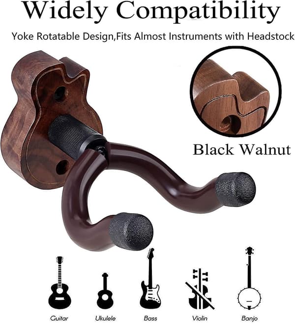 2 Stycken Gitarr Väggfäste Akustisk Gitarrställ Svart Valnöt Krok med Gitarrformad Massiv Träbas för Elgitarr Bas Ukulele