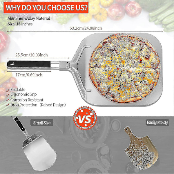 Pizzaspade, Professionell Perforerad Pizzaspade 32 X 32 Cm, Stor Ytstöd, Med Fällbart Handtag För Ugn Och Grill För Att Baka Pizzor, Brö