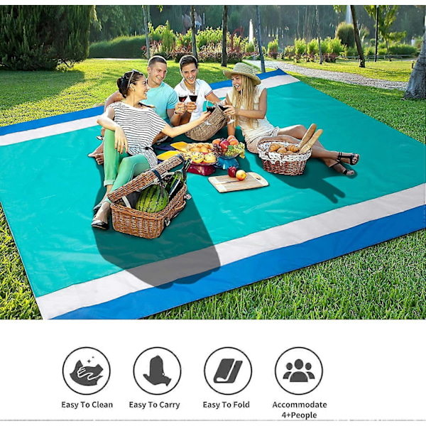 Strandtæppe, sandafvisende strandmåtte 200 x 208 cm, egnet til 1-3 voksne, vandtæt letvægts picnicmåtte til rejser, camping, vandring (søblå)